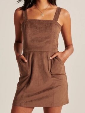 a&f ♡ faux suede pinafore dress overall pockets fall abercrombie & fitch brown